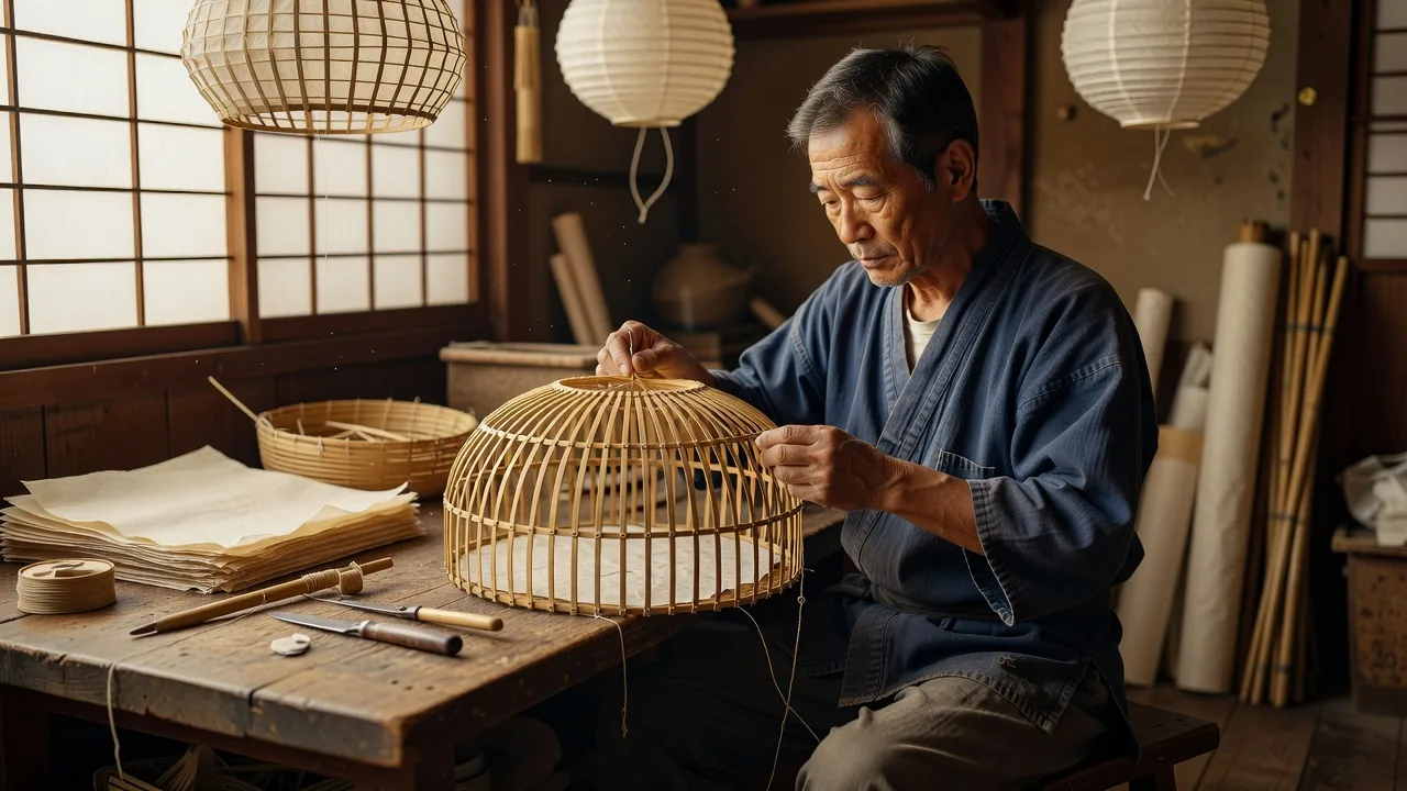 提灯を仕立てる職人の手元