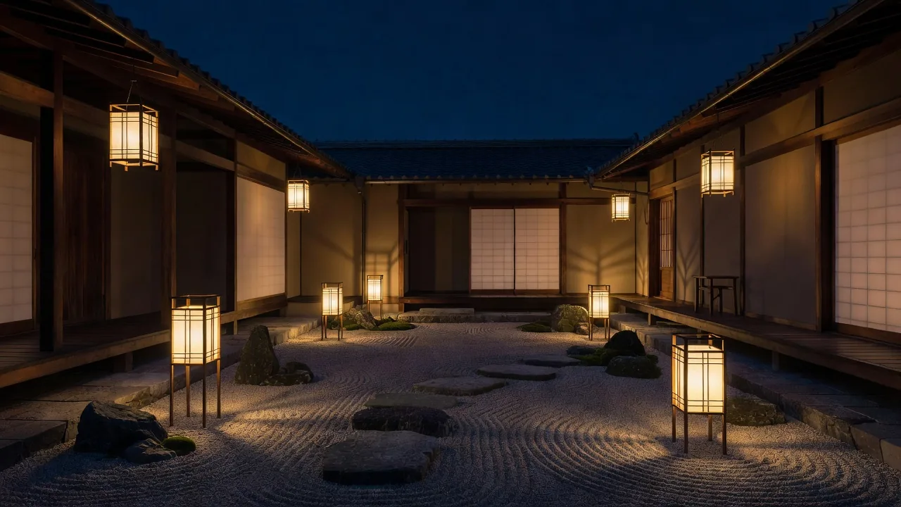 夜の中庭に灯る灯籠