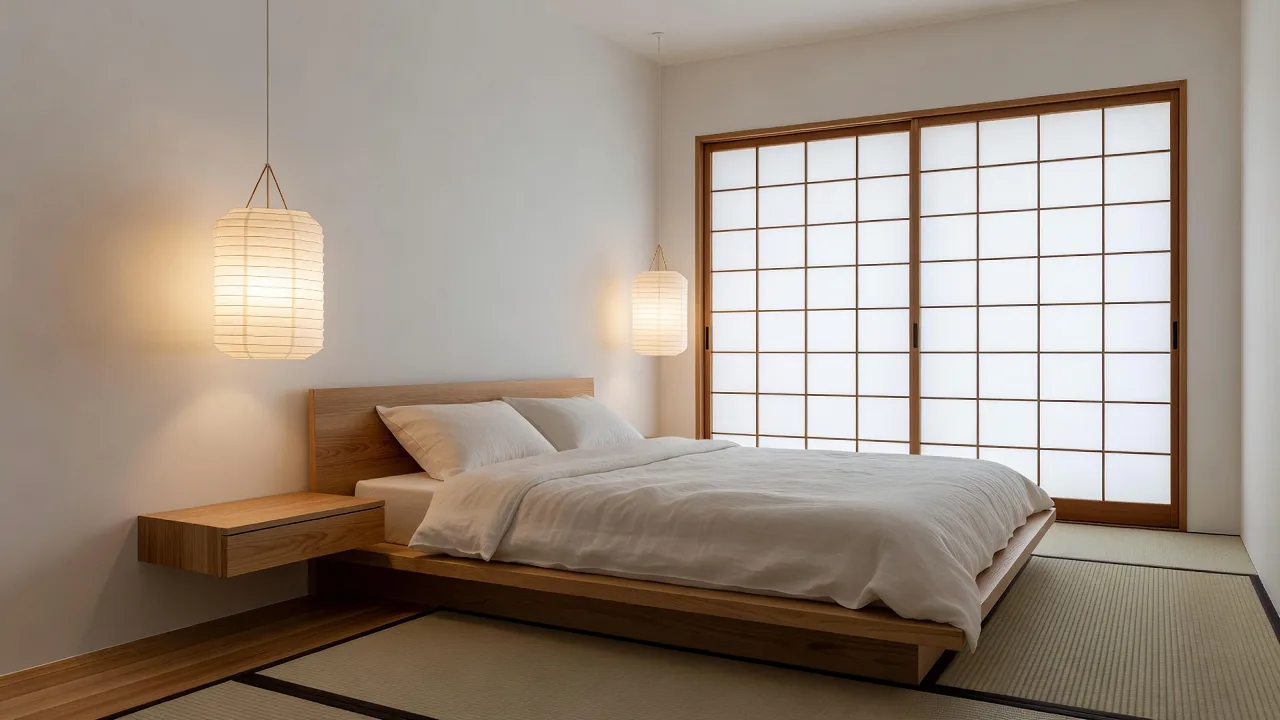 和室の寝室に灯る提灯照明